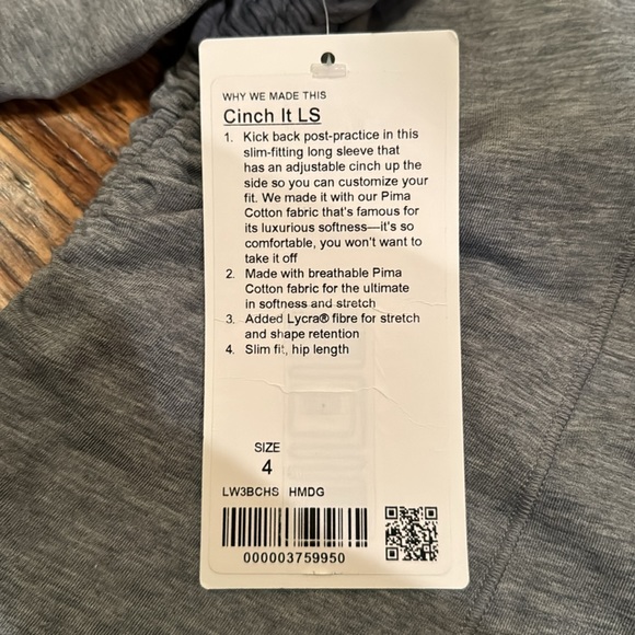 Lululemon Cinch It Long Sleeve Heathered Medium Grey Sz 4 NWT - Picture 7 of 7